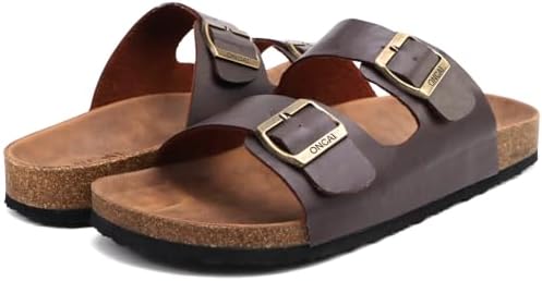ONCAI Mens Sandals, Beach Slides with Adjustable Buckle Straps, Comfortable Cork Footbed for Summer Wear, Size 7-13