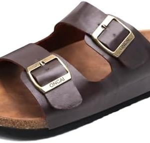 ONCAI Mens Sandals, Beach Slides with Adjustable Buckle Straps, Comfortable Cork Footbed for Summer Wear, Size 7-13