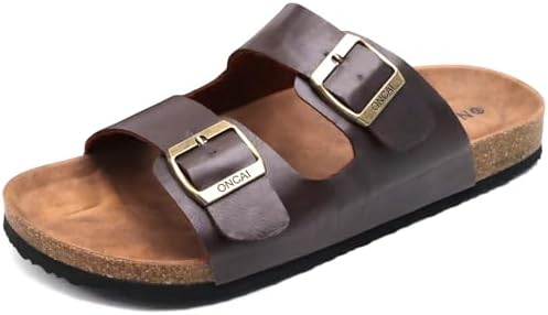 ONCAI Mens Sandals, Beach Slides with Adjustable Buckle Straps, Comfortable Cork Footbed for Summer Wear, Size 7-13