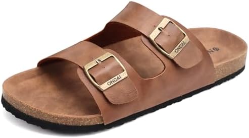 ONCAI Mens Sandals, Beach Slides with Adjustable Buckle Straps, Comfortable Cork Footbed for Summer Wear, Size 7-13