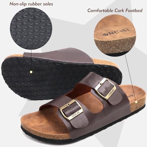 ONCAI Mens Sandals, Beach Slides with Adjustable Buckle Straps, Comfortable Cork Footbed for Summer Wear, Size 7-13