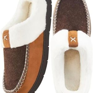 KENMITDY Men's Moccasin Slippers - Memory Foam Fuzzy House Shoes for Indoor/Outdoor - Plush Fleece Lined, Anti-Skid Rubb