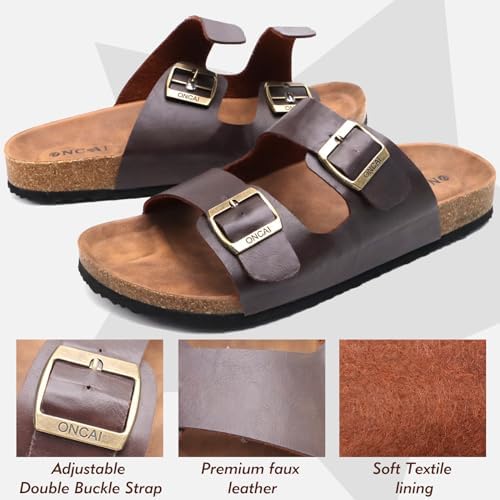 ONCAI Mens Sandals, Beach Slides with Adjustable Buckle Straps, Comfortable Cork Footbed for Summer Wear, Size 7-13
