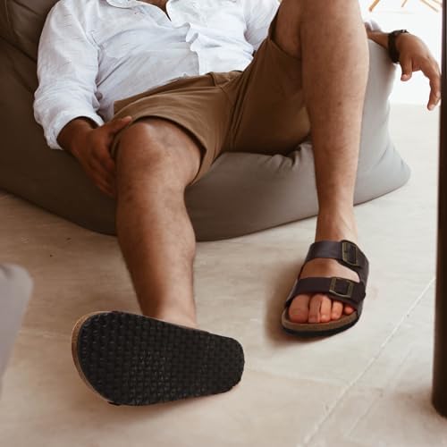 ONCAI Mens Sandals, Beach Slides with Adjustable Buckle Straps, Comfortable Cork Footbed for Summer Wear, Size 7-13