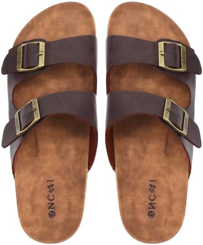 ONCAI Mens Sandals, Beach Slides with Adjustable Buckle Straps, Comfortable Cork Footbed for Summer Wear, Size 7-13